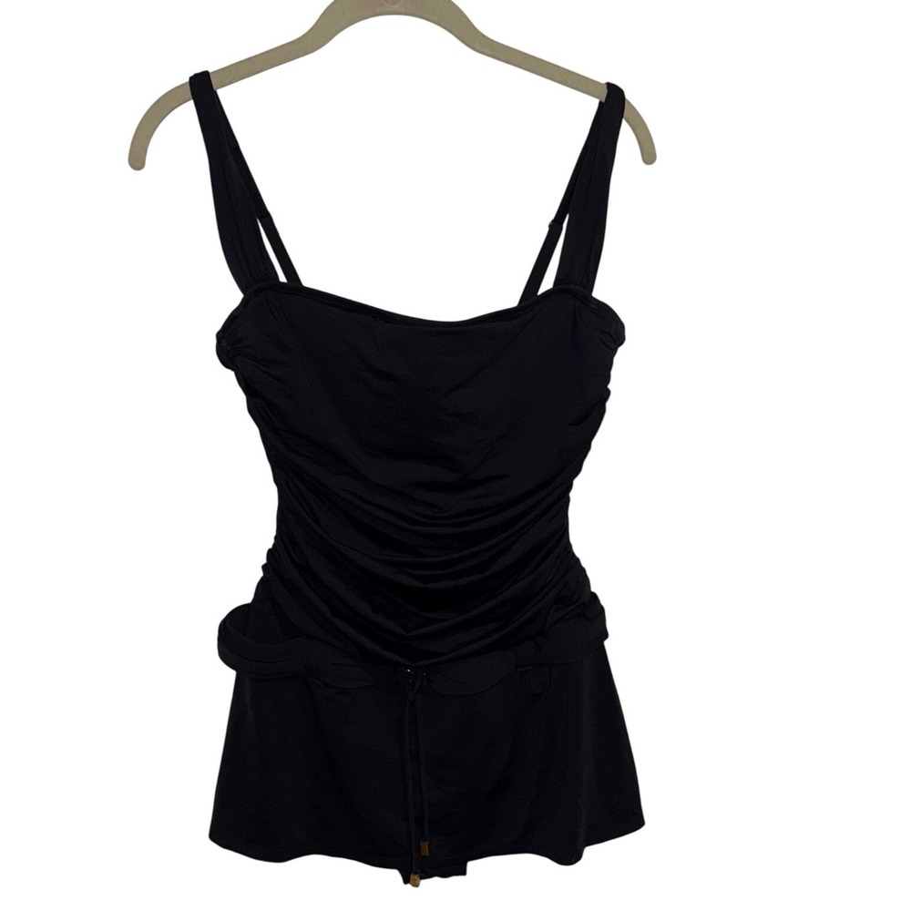 Womens Black Ruched Swim Dress One Piece Skirted Swimsuit Gold Hardware Resort